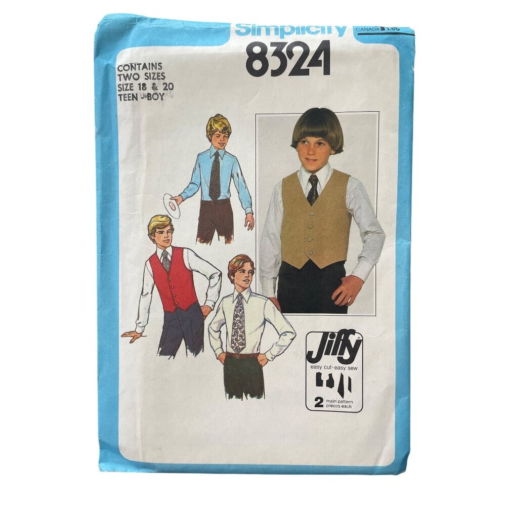 70s Simplicity 8324 Vintage Sewing Pattern Size 18 & 20 Teen Boys Vest & Tie CUT